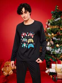 Christmas Funny Printed Family Matching Pajamas Set, Featuring Christmas Tree, Santa Claus, Snowflake, Bell, Reindeer, Game Console Top, Comfortable Homewear Long Sleeve Top, Winter - Black - View 3