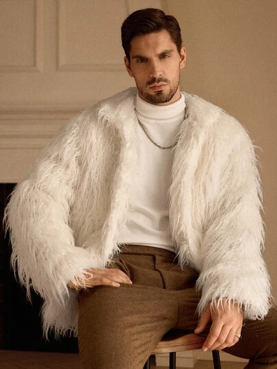 HIMLAND 男士纯色人造毛皮抓绒外套，时尚秋冬流苏外套