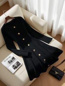 Franclia 女士时尚优雅百搭长袖套头针织连衣裙，独特精致，适合春秋季节 - 黑色 - 查看 3