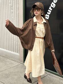 Women's Retro American Street Style Suede Zip-Up Collar Loose Casual Versatile Jacket - Coffee Brown - View 5