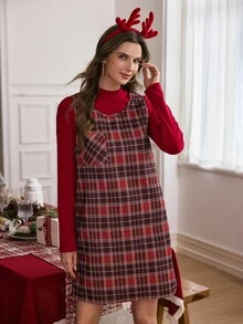 SHEIN LUNE 2 件圣诞红色连衣裙套装，华丽格子衬里连衣裙，女士礼服套装 - 彩色 - 查看 1
