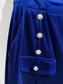 GlowEve 女式高腰天鹅绒纽扣装饰仿口袋垂坠休闲阔腿裤，秋冬 - 寶藍色 - 查看 4