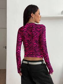 Coolane 复古街头风格性感斑马纹V领长袖紧身T恤，百搭，适合秋冬 - 彩色 - 查看 3