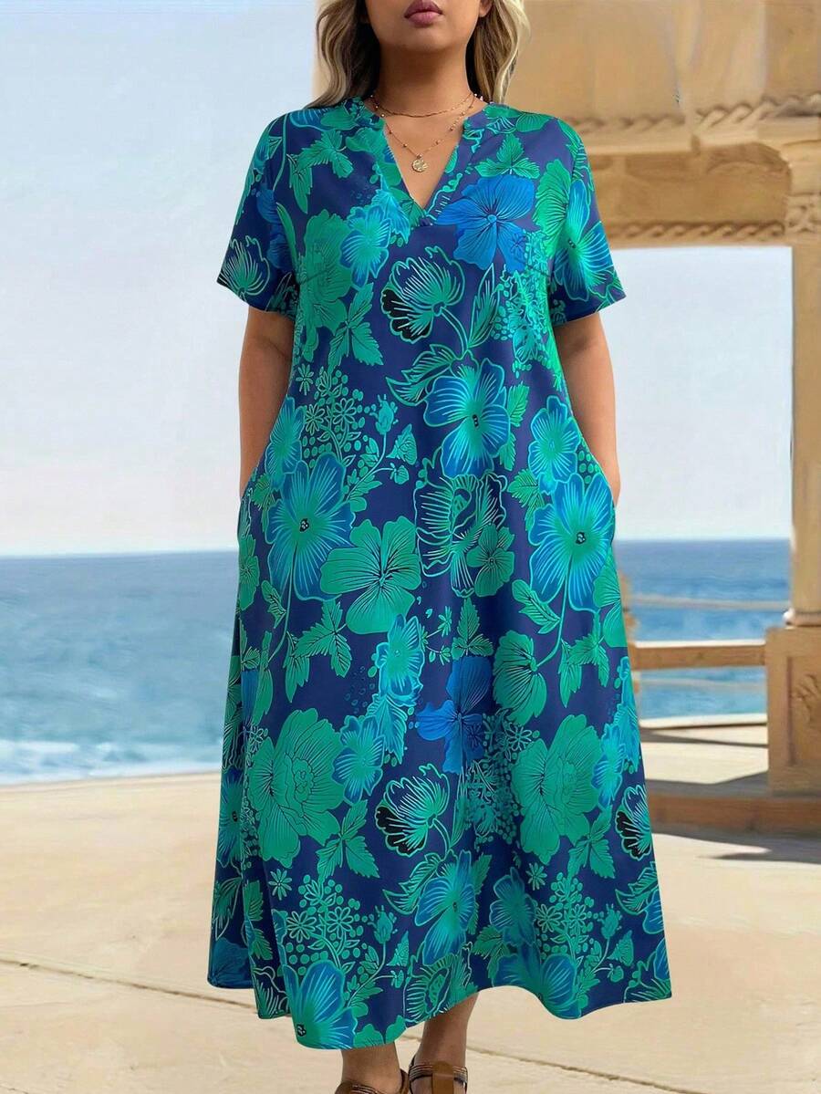 EMERY ROSE 大码女式节日花卉印花短袖口袋宽松连衣裙 - 彩色 - 查看 1