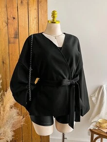 SHEIN EZwear Plus Size Solid Color Lace-Up Slim Casual Woolen Coat Black Wrap Jacket Winter Fall Autumn - Black - View 6