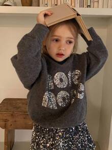 DAZY Young Girls Round Neck Korean Style Letter Casual Loose Long Sleeve Sweater - Grey - View 4