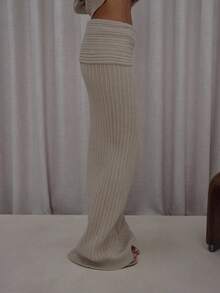 MUSERA 翻边厚针织罗纹修身长裙套装（仅下装）街头风优雅休闲性感外出太妃糖色晚宴派对优雅 - 卡其色 - 查看 4