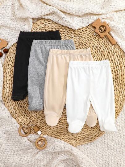 SHEIN Set de 4 piezas/paquete de mallas de bebé recién nacido de unicolor blanco, rosa, negro, gris - Tela de punto acanalada suave y elástica, ajuste cómodo, apto para todas las estaciones, lindo y sencillo, fácil de usar, alta relación calidad-precio, apto para el hogar, salidas, vacaciones, uso diario, 0-3 meses, nueva llegada de primavera/verano, conjunto de ropa de niña bebé