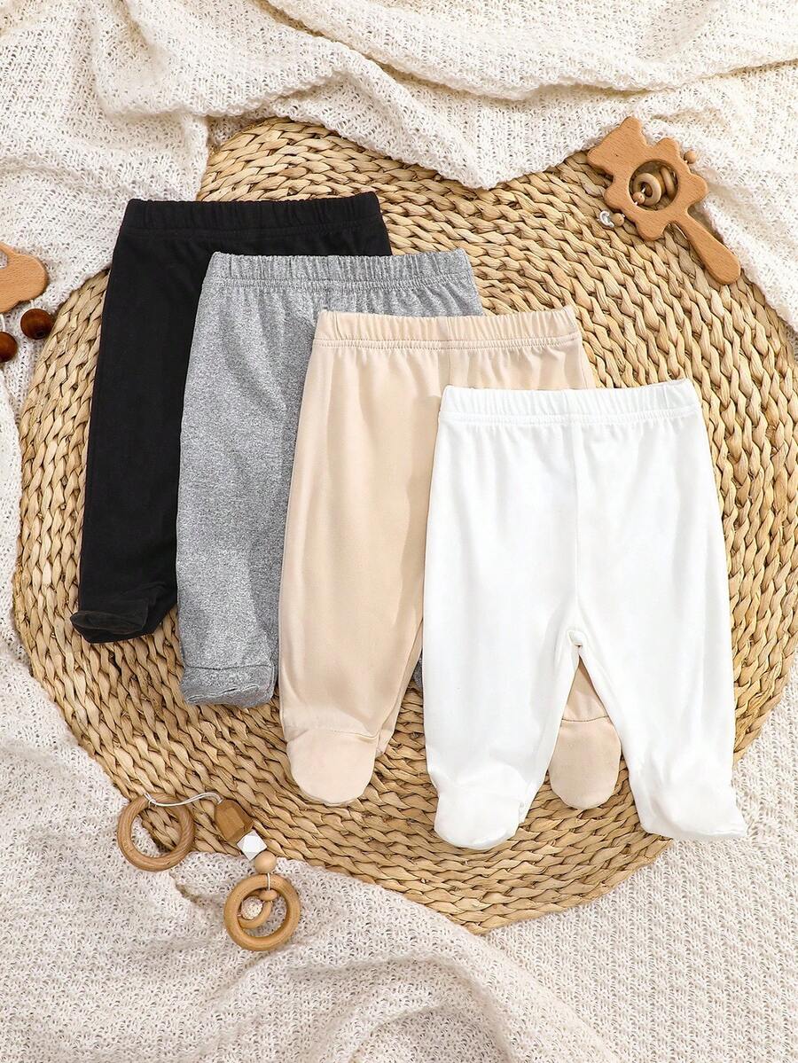 SHEIN 4 件/包新生女婴纯色白色、粉色、黑色、灰色连脚紧身裤 - 柔软、有弹性的罗纹针织面料,穿着舒适,适合所有季节,可爱简约,易于穿着,性价比高,适合居家、外出、度假、日常穿着,0-3 个月,春夏新品,女婴服装套装 - 彩色 - 查看 1