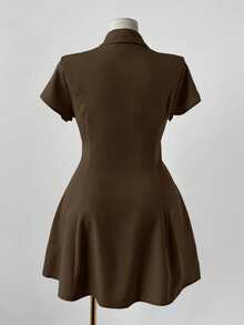 Sunspun Fashionable Collared Casual Colorblock Print Waist A-Line Dress - Brown - View 2