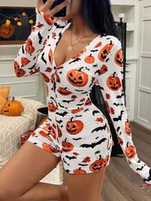 ZzzCrew Halloween Pumpkin & Bat Print Long Sleeve Button-Front Jumpsuit