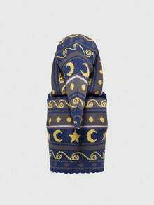 ROMWE Hippie 女式复古嬉皮女巫神秘连帽条纹提花太阳和月亮印花无袖针织上衣，紫色 - 藍色 - 查看 2