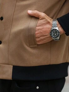 Manfinity CasualCool 男士休闲时尚街头拉链袖袋单排扣棒球夹克，秋季 - 卡其色 - 查看 6