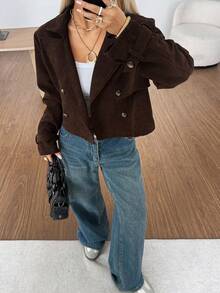 SHEIN EZwear 女式咖啡棕色翻领长袖双排扣夹克，秋季 - 咖啡棕 - 查看 4