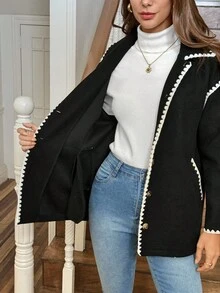 LanaWest 女士西部波西米亚风黑色龙凤图案布料领肩部刺绣花卉饰边长袖外套 - 黑色 - 查看 8