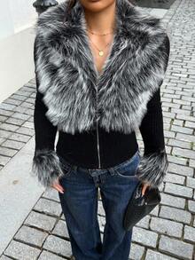 Muchica 女式时尚街头风格黑色仿皮草拉链长袖夹克，秋冬 - 黑色 - 查看 3