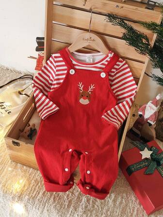 Vintaside Kids Baby Boy Christmas Striped Long Sleeve Top Paired With Reindeer Embroidered Red Jumpsuit, Suitable For Casual Daily Wear