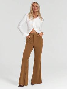 Avantive Beige Suede Slightly Lapsed Extra-Long Trousers Fall Winter For Women Christmas New Year Women Elegant Casual Thanksgiving For Women Brown Pants - Camel - View 5