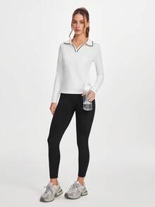 SHEIN Sports 女式撞色饰边休闲长袖运动 Polo 衫 - 黑與白 - 查看 5