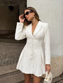 SHEIN BAE 女士优雅斜纹软呢闪光单排扣收腰纯色西装褶皱连衣裙，白色西装外套套装连衣裙姐妹约会装，约会派对装秋冬女士服装