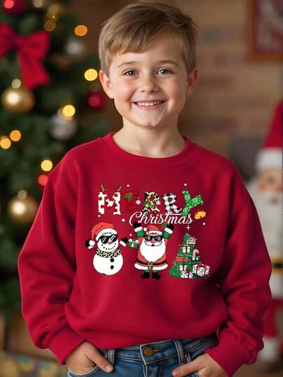 青少年男孩圣诞节可爱圣诞老人、雪人、圣诞树和圣诞快乐字母印花休闲舒适长袖圆领宽松运动衫