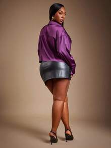 SHEIN SXY Plus Size Women's Autumn/Winter New Sexy Elegant Purple Plunging Neckline Satin Blouse