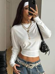 Coolane Damskie jesienne, minimalistyczne, codzienne ubrania w stylu Y2K, casualowe, z powrotem do szkoły, rozciągliwe, białe, luźne, marszczone, skrócone koszulki z długim rękawem