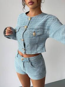 Siren Gaze Women's Light Blue Denim Suit Elegant Long-Sleeved Small Jacket + Mini Shorts French Exquisite Jacquard Denim Autumn And Winter Ins Wear - Medium Wash - View 5