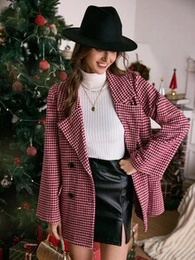 LanaWest 仿大衣女套装羊绒大衣小号复古格子圣诞西部女士羊毛大衣 - 紅白色 - 查看 6