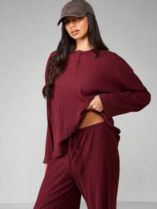MISSGUIDED 罗纹针织纽扣细节家居服阔腿裤套装舒适秋冬家居服长袖 - 鏽棕色 - 查看 3