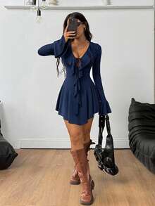 Coolane 女式夏季西部牛仔风 Y2K 弹力荷叶边 V 领系带前褶迷你优雅棕色连衣裙 - 藏蓝色 - 查看 6