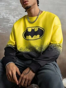 BATMAN X SHEIN Men's Casual Contrast Color Bat Letter Graphic Crew Neck Sweatshirt, Autumn, Long Sleeve Top
