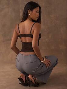 SHEIN BAE Women's Lace Patchwork Tight Fit Sexy Camisole,Sexy Tops - Coffee Brown - View 2