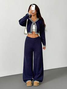 SHEIN PETITE 女款羊毛鬆弛居家兩件套舒適休閒套裝 2件套休閒套裝 女款針織兩件套 2件套針織套裝 秋冬女裝 - 藏蓝色 - 查看 2