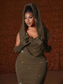 Maweii Plus Size Sexy Cinched Waist Gold Foil Fish Tail Hem Dress - Mocha Brown - View 6