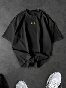 Sport MetroGents 男式宽松杠铃印花落肩黑色运动 T 恤，夏季