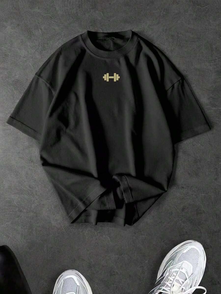 Sport MetroGents 男式宽松杠铃印花落肩黑色运动 T 恤，夏季