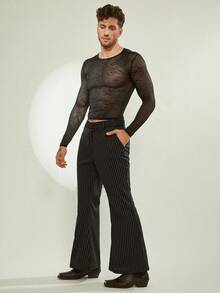 FeverCity Men Striped Flared Casual Pants With Pockets, Fall - Black - View 6