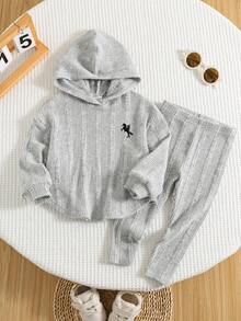 2 pezzi Set tuta da bambina con felpa con cappuccio termica a costine e pantaloni spessi e caldi, con ricamo di pony, adatto per l'inverno - Grigio - Visualizzare 5