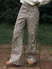 DAZY 女式西部牛仔豹纹喇叭牛仔裤，秋冬休闲街头风格裤 - 棕色 - 查看 4