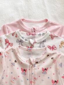 SHEIN 新生儿蝴蝶结圆点卡通印花连体衣套装 - 彩色 - 查看 4