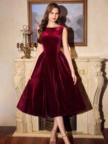 Vintamour 复古优雅女式连衣裙，带口袋，天鹅绒珍珠链，派对节日鸡尾酒会礼服，女式秋季服装，万圣节服装，冬装，圣诞冬装，女式秋季服装，女式万圣节服装，女式圣诞服装，圣诞派对礼服，新年礼服，女式感恩节服装，优雅派对礼服 - 酒紅色 - 查看 8