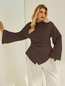 Auralis 大码女式纯色长袖修身上衣 - 棕色 - 查看 5