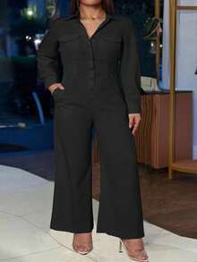 INAWLY Plus Size Women Casual Solid Color Jumpsuit With Front Opening - Black - View 3