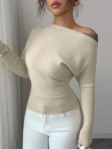 Elenzga Damen Farbblock asymmetrischer Schulter Pullover, eleganter Vintage Stil geeignet für Urlaub und Feiertage, Frühling/Herbst