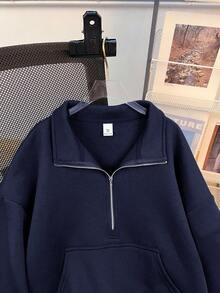 SHEIN 少女海军蓝落肩拉链半开襟短款运动衫 - 藏蓝色 - 查看 4