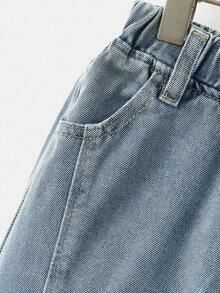 男童休闲日常水洗斜口袋松紧腰牛仔裤 - 中等水洗藍 - 查看 4