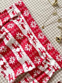 Women's Off-Shoulder Tight Fit Long Sleeve Flare Cuff T-Shirt, Christmas - Red and White - View 3