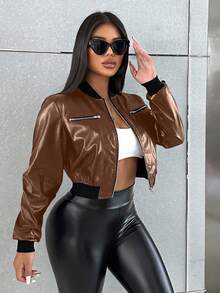 Zolique SXY 女式短款水洗 PU 皮革长袖拉链时尚高端街头棒球夹克，秋冬女装，飞行员女式夹克 - 棕色 - 查看 1