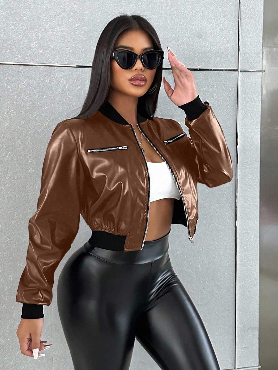 Zolique SXY 女式短款水洗 PU 皮革长袖拉链时尚高端街头棒球夹克，秋冬女装，飞行员女式夹克 - 棕色 - 查看 1